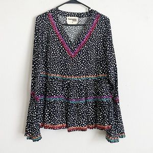 Savanna Jane Long Bell Sleeve Black White Polka Dot Embroidered Top Size M